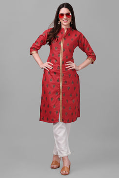 Admyrin Maroon Bright & Beautiful Block Printed & Lace Work Chanderi Cotton Kurti