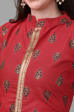 Admyrin Maroon Bright & Beautiful Block Printed & Lace Work Chanderi Cotton Kurti