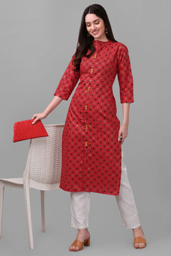 Admyrin Maroon Bright & Beautiful Block Printed & Lace Work Chanderi Cotton Kurti