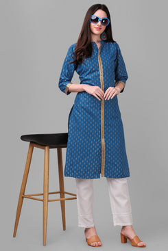 Admyrin Blue Bright & Beautiful Block Printed & Lace Work Chanderi Cotton Kurti