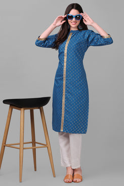 Admyrin Blue Bright & Beautiful Block Printed & Lace Work Chanderi Cotton Kurti