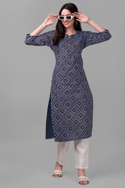Admyrin Dark Blue Bright & Beautiful Block Printed & Lace Work Chanderi Cotton Kurti