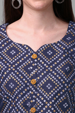 Admyrin Dark Blue Bright & Beautiful Block Printed & Lace Work Chanderi Cotton Kurti