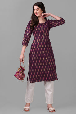 Admyrin Purple Bright & Beautiful Block Printed & Lace Work Chanderi Cotton Kurti