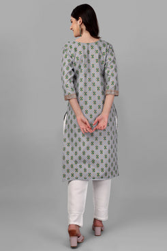 Admyrin Grey Bright & Beautiful Block Printed & Lace Work Chanderi Cotton Kurti