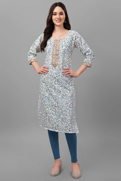 Admyrin Beige & Blue Bright & Beautiful Block Printed & Lace Work Chanderi Cotton Kurti