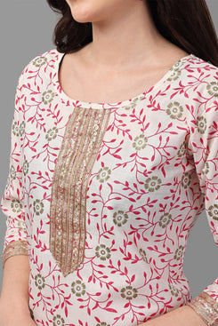 Admyrin Beige & Pink Bright & Beautiful Block Printed & Lace Work Chanderi Cotton Kurti