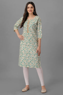 Admyrin Beige Bright & Beautiful Floral Printed Chanderi Cotton Kurti