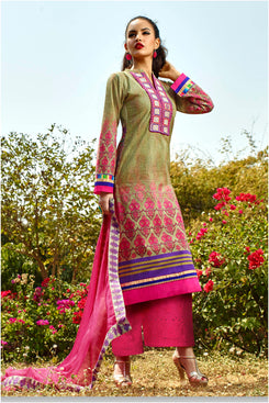 Bhelpuri Green Cotton Salwar Kameez with Pink Chikan Work Bottom and Dupatta