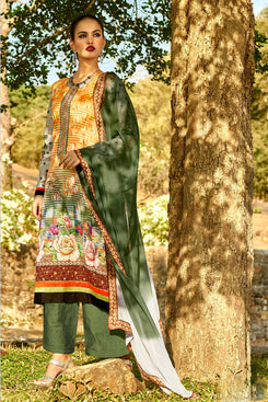 Bhelpuri Yellow and Off-white Printed Salwar Kameez with Chikan Work Bottom and Dupatta