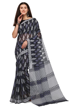 Admyrin Navy Blue Chanderi Cotton Printed Designer Party Wear Saree with Blouse Piece