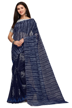 Admyrin Dark Blue Chanderi Cotton Printed Designer Party Wear Saree with Blouse Piece