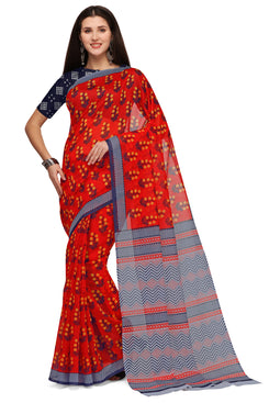 Admyrin Orange Chanderi Cotton Printed Designer Party Wear Saree with Blouse Piece