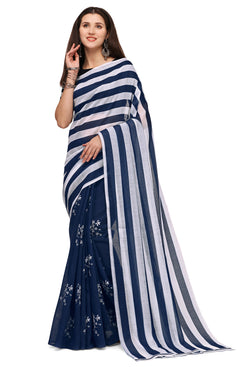 Admyrin Blue & White Chanderi Cotton Printed Designer Party Wear Saree with Blouse Piece
