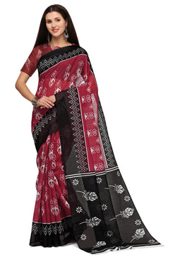 Admyrin Red & Black Chanderi Cotton Printed Designer Party Wear Saree with Blouse Piece