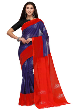 Admyrin Orange & Blue Chanderi Cotton Printed Designer Party Wear Saree with Blouse Piece