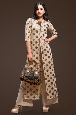 Admyrin Women's Beige Jute Foil Work Foil Work Ethnic Set
