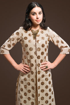 Admyrin Women's Beige Jute Foil Work Foil Work Ethnic Set