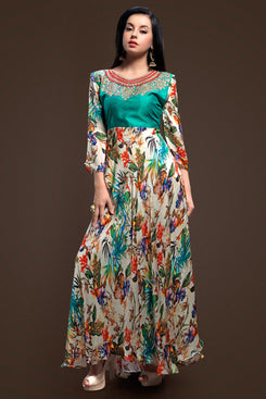 Admyrin Women's Multi Colour Satin Digital Print/ Jaipuri Silk Embroidered+Digital Print Ethnic Set