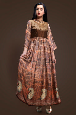 Admyrin Women's Brown Satin Digital Print/ Jaipuri Silk Embroidered+digital Print Ethnic Set