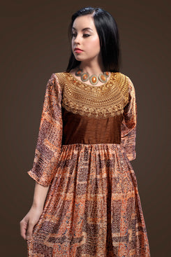 Admyrin Women's Brown Satin Digital Print/ Jaipuri Silk Embroidered+digital Print Ethnic Set