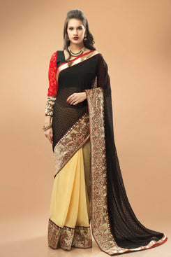 Bhelpuri Black and Beige Georgette Chiffon Saree with Black and Red Blouse Piece