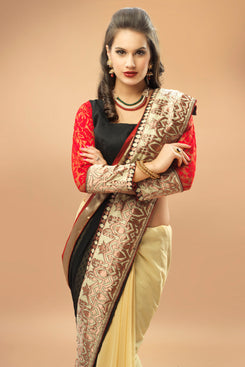 Bhelpuri Black and Beige Georgette Chiffon Saree with Black and Red Blouse Piece