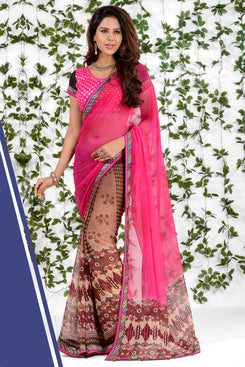 Bhelpuri Pink and Brown Georgette Printed Saree with Blouse Piece