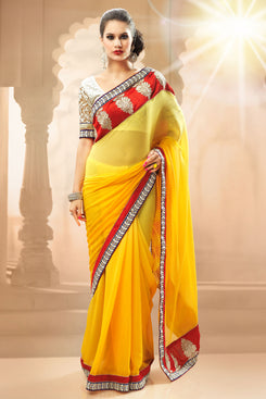 Bhelpuri Yellow Georgette Saree with Border Work and Net Brasso Blouse Piece