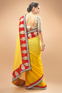 Bhelpuri Yellow Georgette Saree with Border Work and Net Brasso Blouse Piece