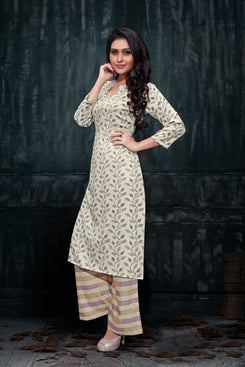 Admyrin Beige Rayon Burberry Floral Print Kurti and Palazzo Set