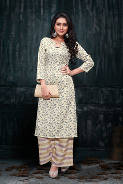Admyrin Beige Rayon Burberry Floral Print Kurti and Palazzo Set