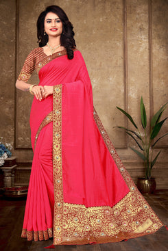 Bhelpuri Pink Vichitra silk Lace Work jacquard pallu Traditional Saree with Blouse Piece