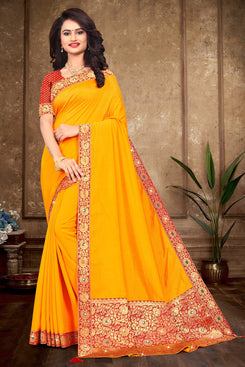 Bhelpuri Yellow Vichitra silk Lace Work jacquard pallu Traditional Saree with Blouse Piece