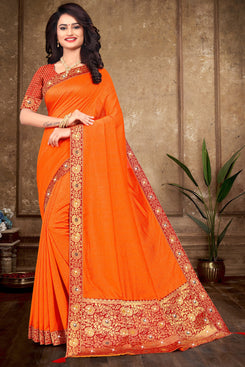 Bhelpuri Orange Vichitra silk Lace Work jacquard pallu Traditional Saree with Blouse Piece