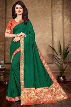 Bhelpuri Green Vichitra silk Lace Work jacquard pallu Traditional Saree with Blouse Piece