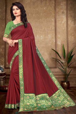 Bhelpuri Maroon Vichitra silk Lace Work jacquard pallu Traditional Saree with Blouse Piece