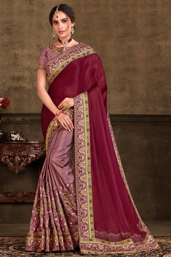 Bhelpuri Maroon and Pink Poly Silk Heavy Embroidered Traditional Saree with Blouse Piece