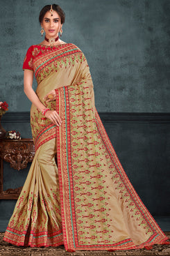 Bhelpuri Beige Poly Silk Heavy Embroidered Traditional Saree with Blouse Piece