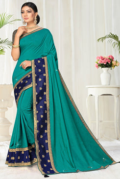 Bhelpuri Turquoise Green Vichitra silk Lace with stone Work Traditional Saree with Blouse Piece