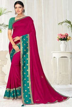 Bhelpuri Pink Vichitra silk Lace with stone Work Traditional Saree with Blouse Piece