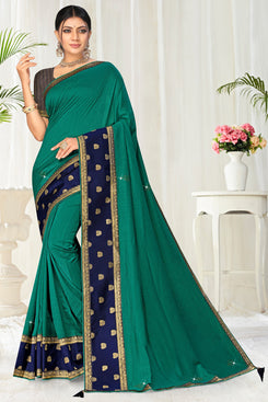 Bhelpuri Green Vichitra silk Lace with stone Work Traditional Saree with Blouse Piece