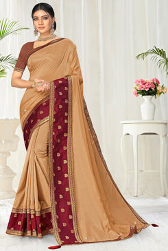 Bhelpuri Beige Vichitra silk Lace with stone Work Traditional Saree with Blouse Piece