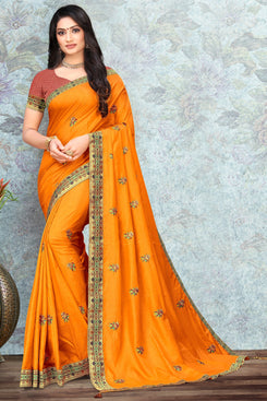 Bhelpuri Yellow Vichitra silk Lace with stone Work Traditional Saree with Blouse Piece