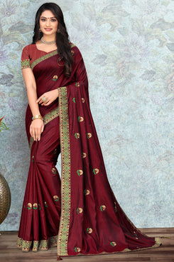 Bhelpuri Maroon Vichitra silk Lace with stone Work Traditional Saree with Blouse Piece