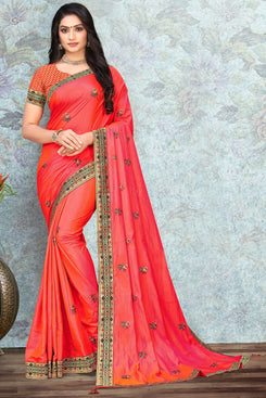 Bhelpuri Peach Vichitra silk Lace with stone Work Traditional Saree with Blouse Piece