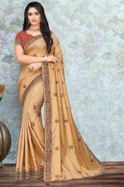 Bhelpuri Gold Vichitra silk Lace with stone Work Traditional Saree with Blouse Piece