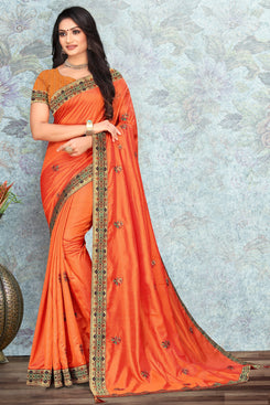Bhelpuri Orange Vichitra silk Lace with stone Work Traditional Saree with Blouse Piece