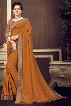 Bhelpuri Mustard Vichitra silk Lace Work Traditional Saree with Blouse Piece