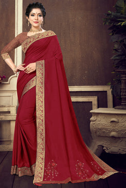 Bhelpuri Maroon Vichitra silk Lace Work Traditional Saree with Blouse Piece